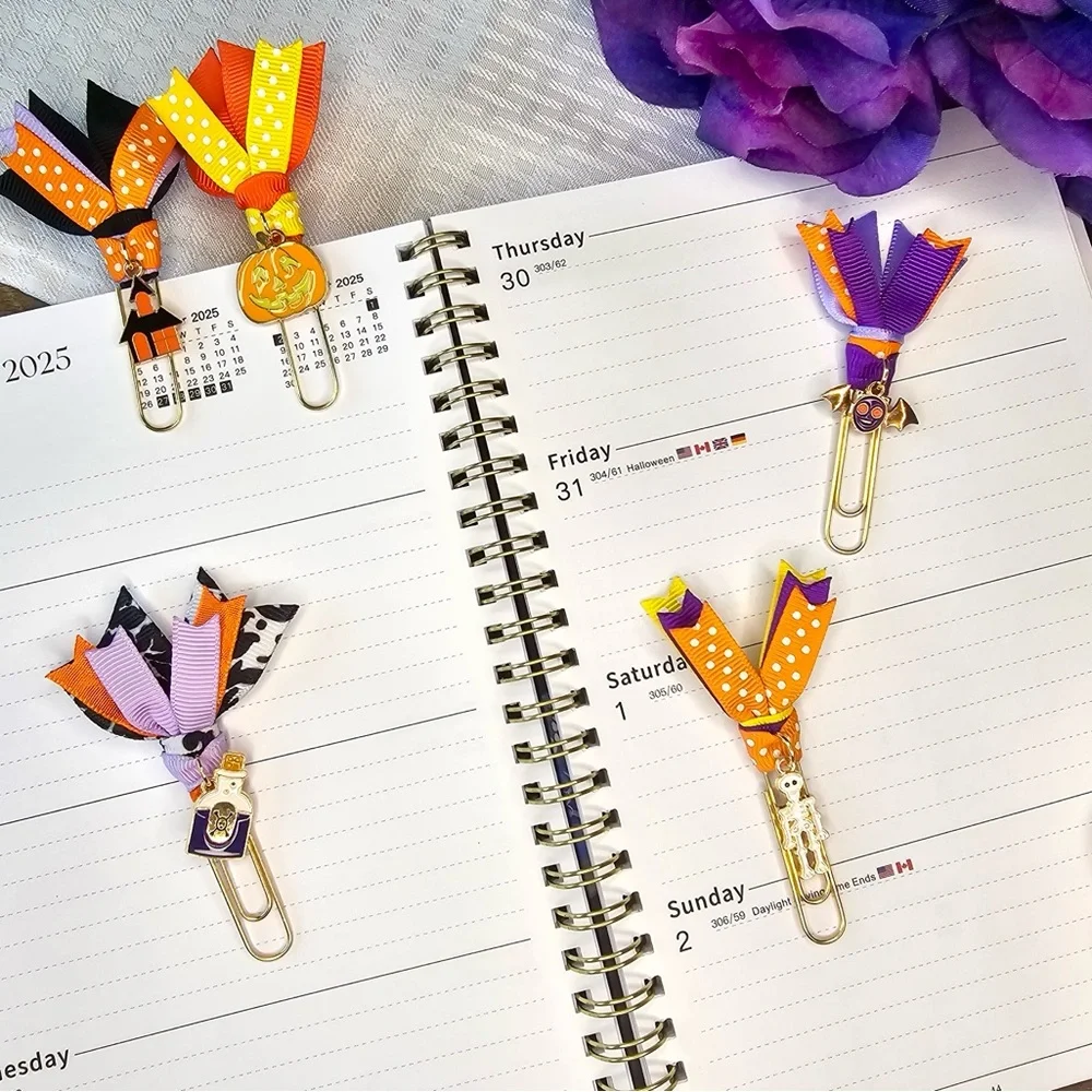 Set of 5 Halloween Ribbon Paperclip Bookmarks with Charms